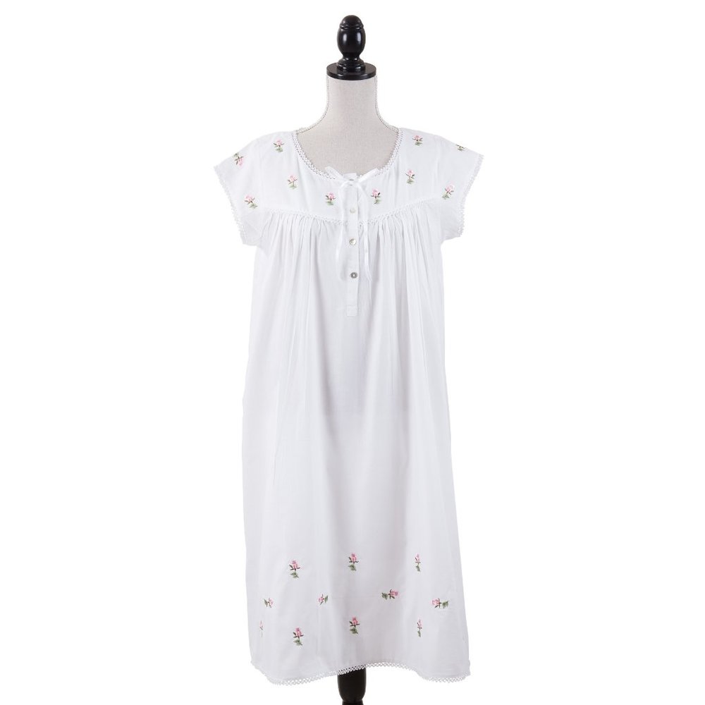 Taleen Ladies lightweight White Cotton Pink floral embroidered Nightgown Pajama